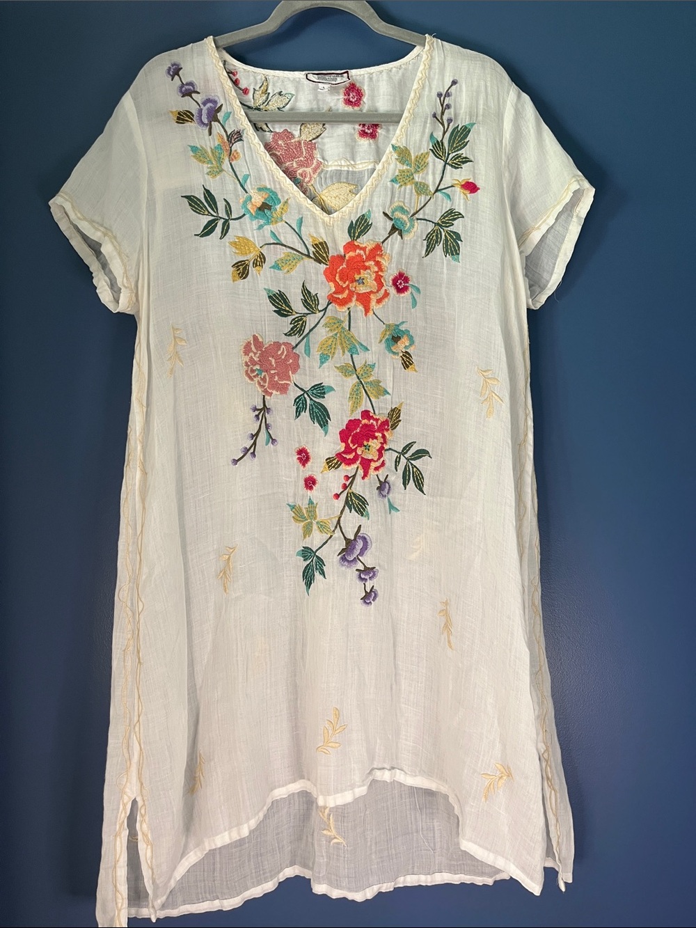Johnny Was Workshop Adele drape tunic creamy white V-Neck knee-length a-line LG.